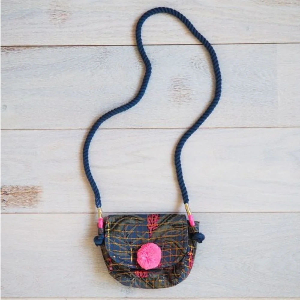 Louise Misha Kids Blue Patterned Crossbody Bag with Pink Pom